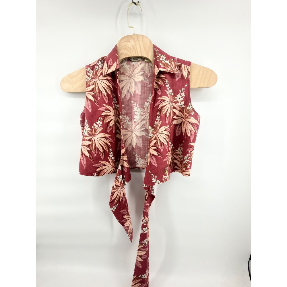 Tommy Bahama Silk Crop Top M Womens Maroon Floral Tropical Tie Front Sleeveless